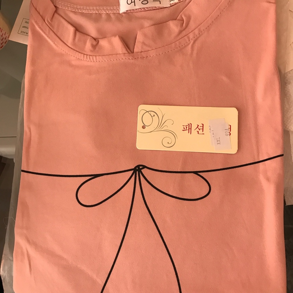 New Pink Long-Sleeved Bow Print T-Shirt