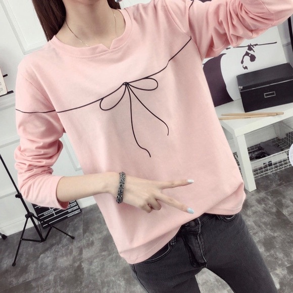 New Pink Long-Sleeved Bow Print T-Shirt - Picture 2 of 3