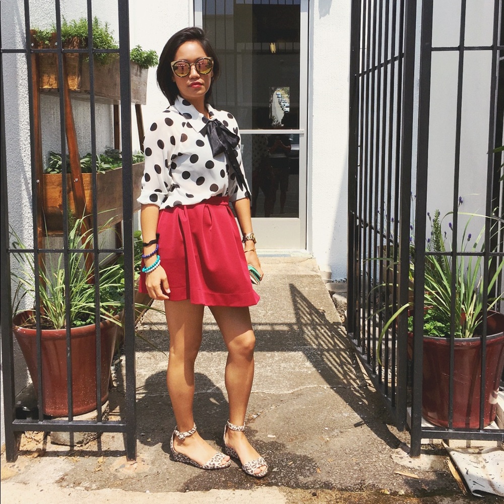 Sheer polka dot double collar high low blouse