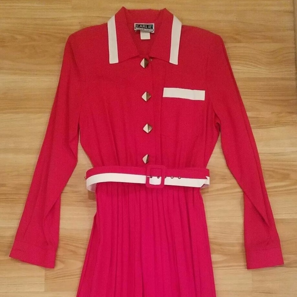 Vtg Red White Pleated Shirt Dress Sz 8