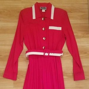 Vtg Red White Pleated Shirt Dress Sz 8