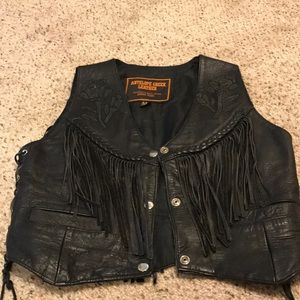Black leather fringed vest, XS, rose details