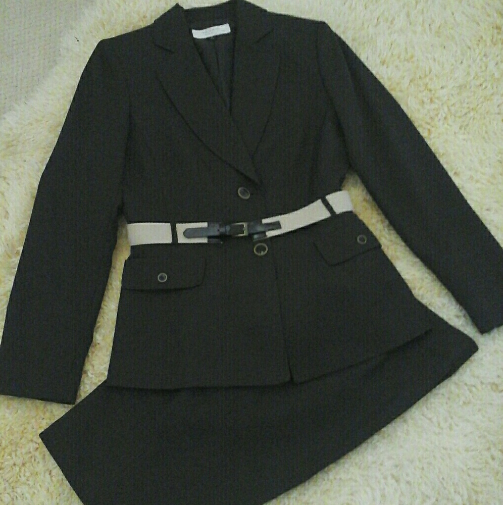 Black two piece suit with belt