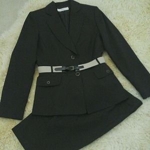 Black two piece suit with belt