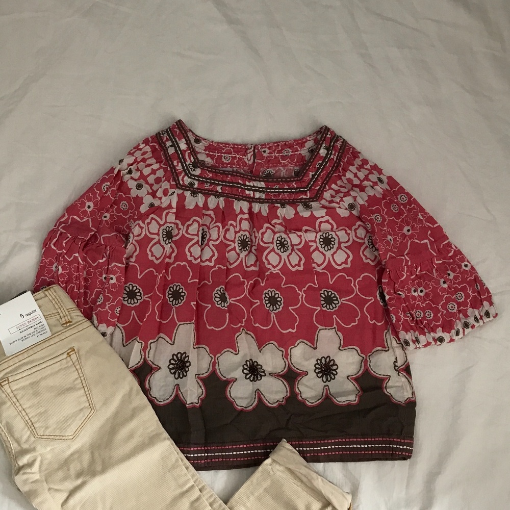 Monsoon pink flower beaded peasant boho top S 5 6