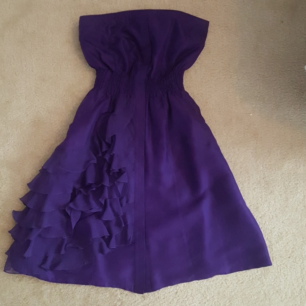 strapless purple cocktail dress