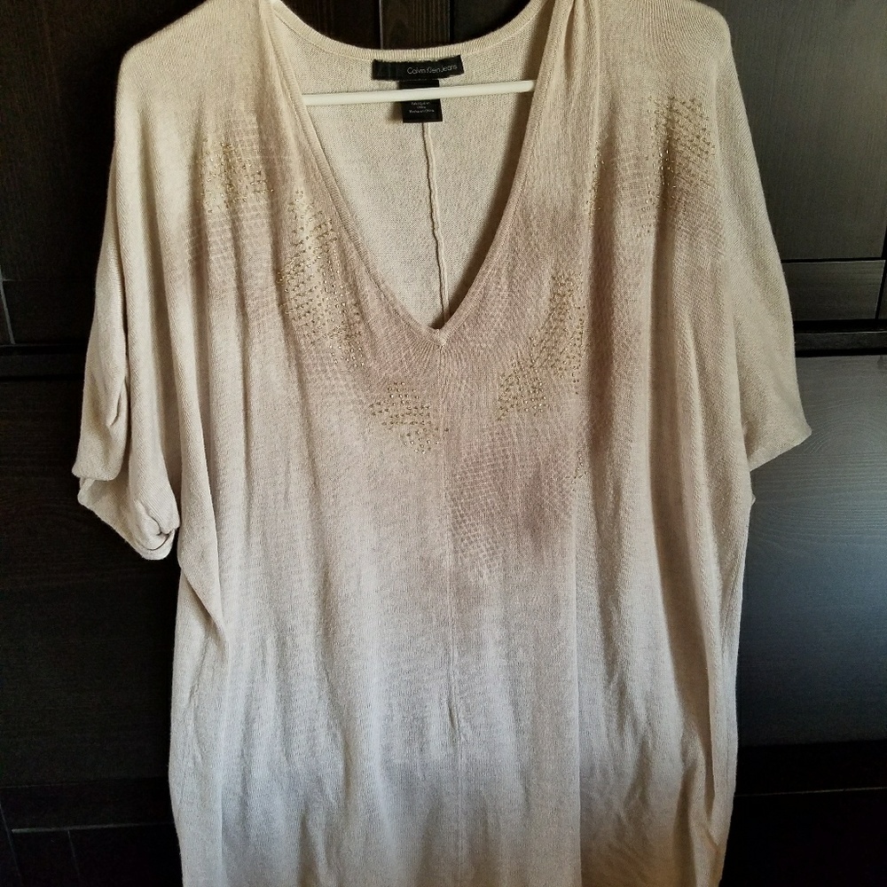 Calvin Klein Tan Short Sleeve V-neck Sweater