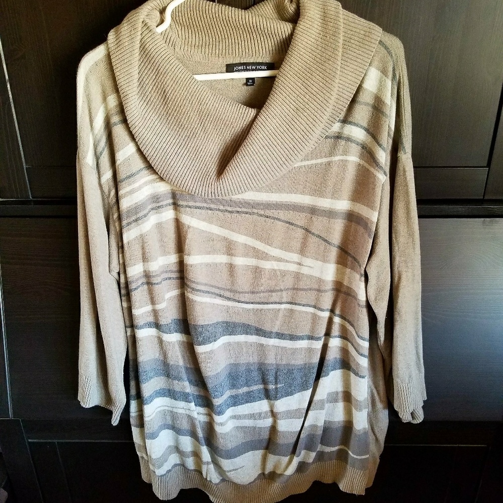 3/4 Sleeve Tan Striped Cowl Neck Sweater