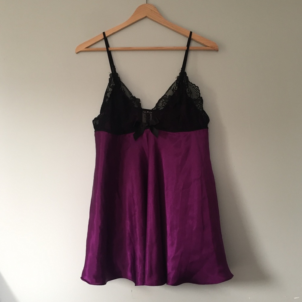 Sexy Purple Silk, Black Lace Nightgown