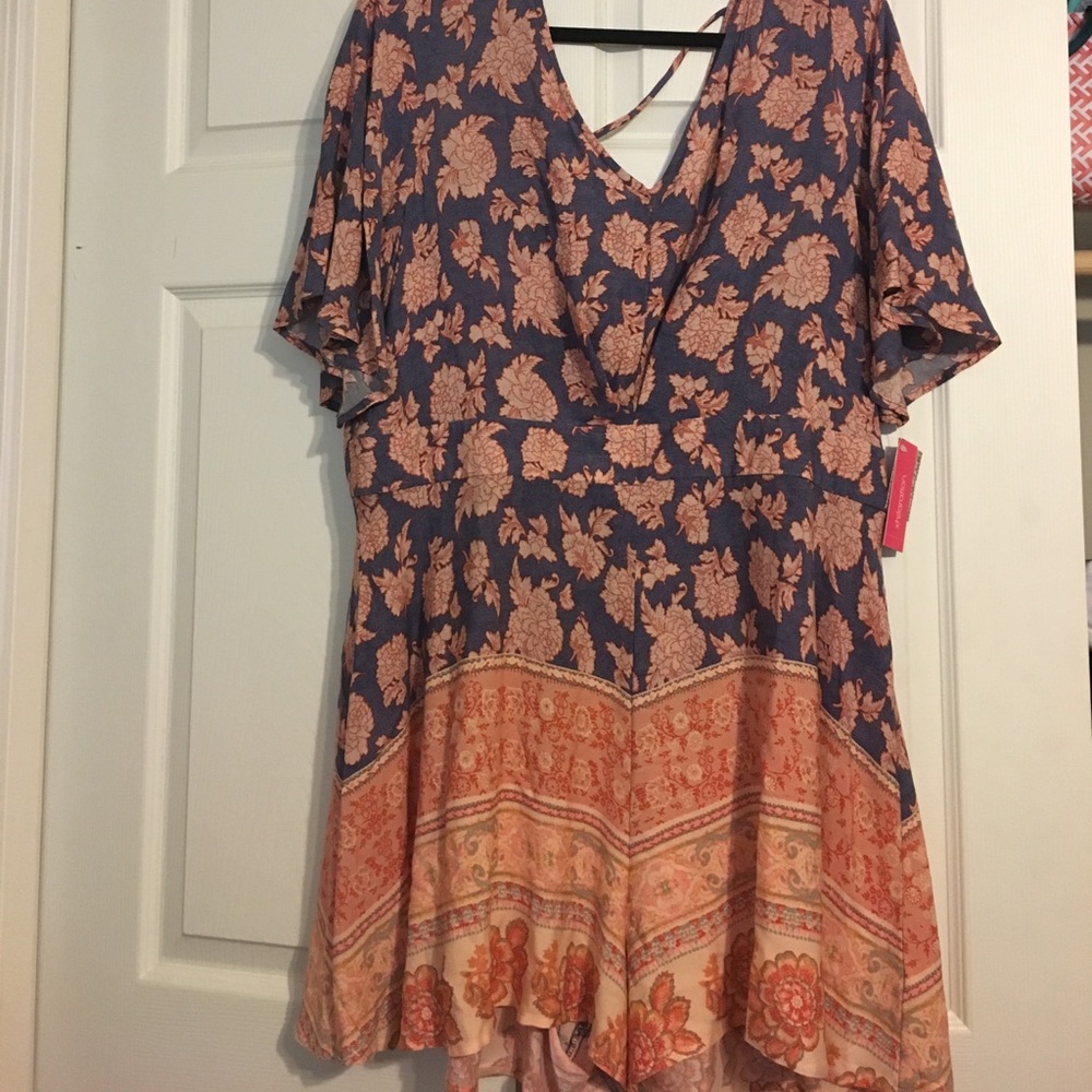 Hazy blue and orange patterned romper (Plus size)