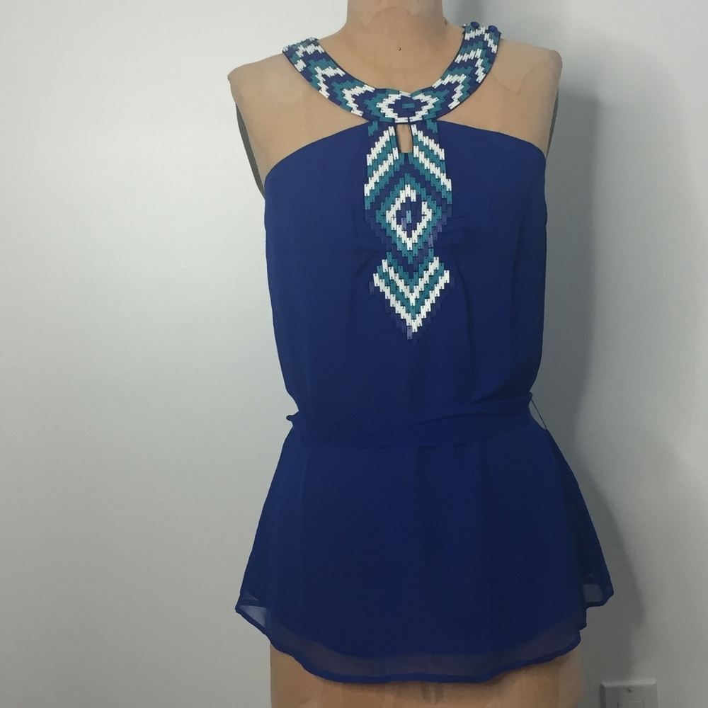 BEBE Beaded T Neck Blue Halter Top