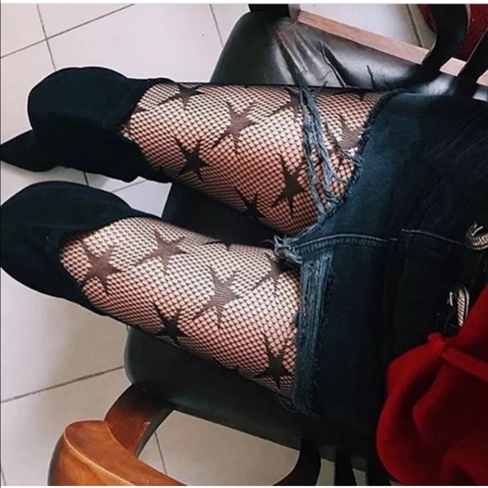 Black fishnet rock star tattoo bodysuit tights leggings pantyhose lingerie sexy - Picture 2 of 2