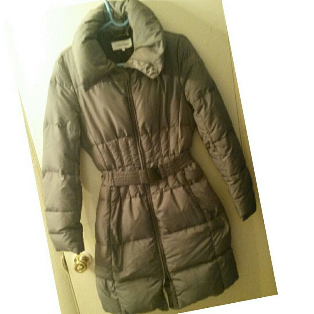 Grey Calvin Klein puffer coat with belted waist