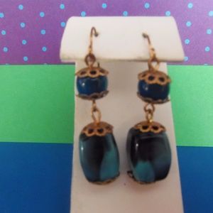 VINTAGE TWO TONE BLUE & GOLD BEAD EARRINGS