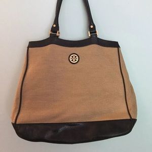 Tory Burch Natural Woven & Black Leather Tote