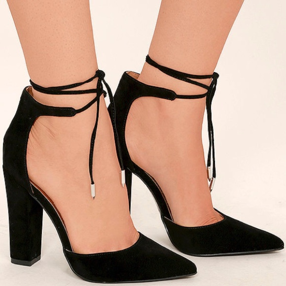 Angela Black Suede Lace-up Heels