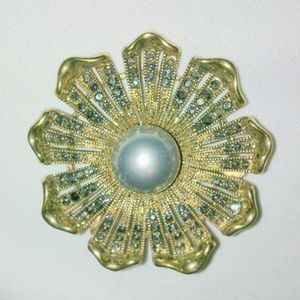 Vintage Marcasite Faux Grey Pearl Flower Brooch
