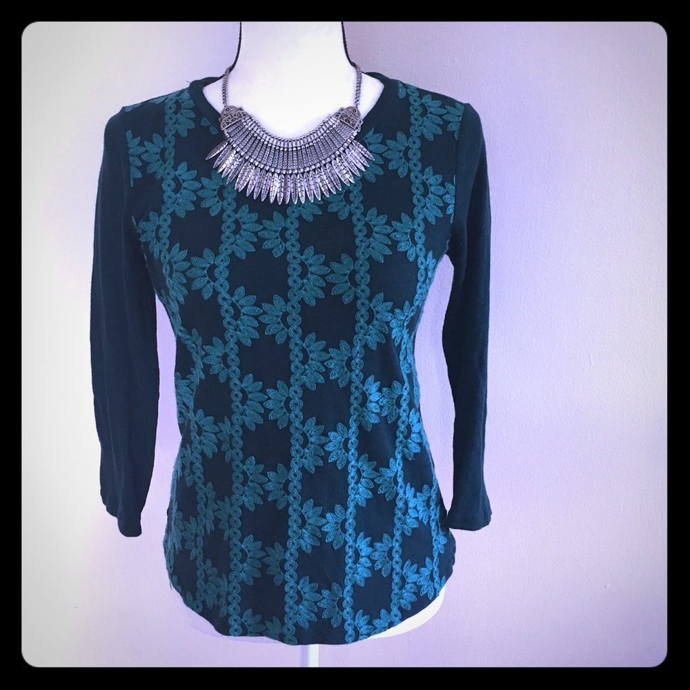 J. Crew Embroidered Green Pullover Sweater Size XS