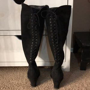 Over-the-knee corset back wide calf wedge boots