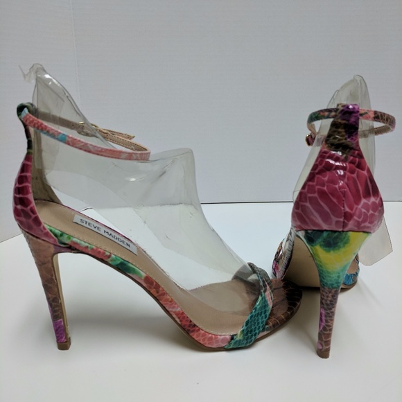 Snake Print Ankle Pink Stiletto Open Stacy Pumps - Picture 3 of 8