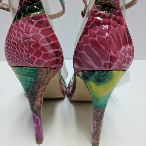 Snake Print Ankle Pink Stiletto Open Stacy Pumps - Picture 2 of 8