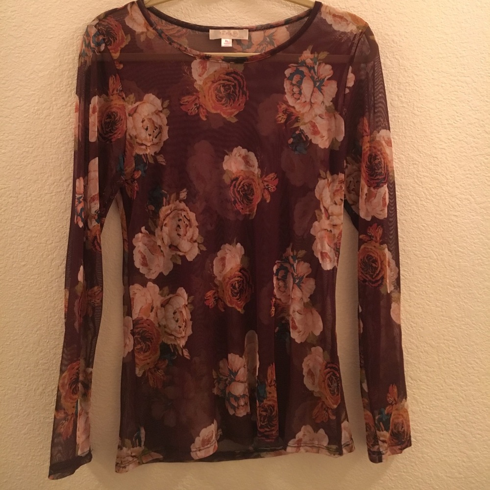See through burgundy floral long sleeve