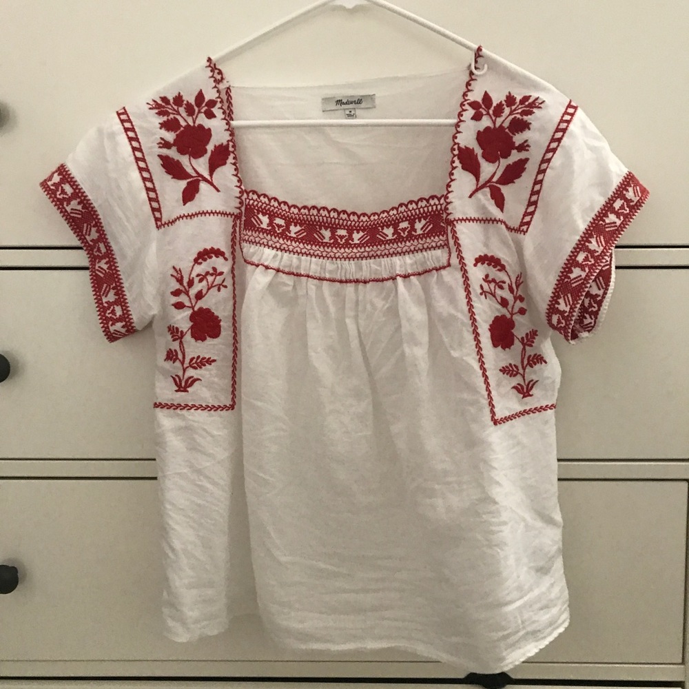 Madewell Red & White Embroidered Top