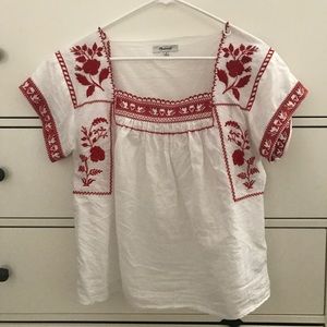 Madewell Red & White Embroidered Top