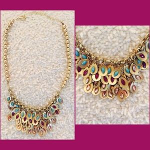 Handmade Gold Teal Red Statement Bib Necklace Boho Layered