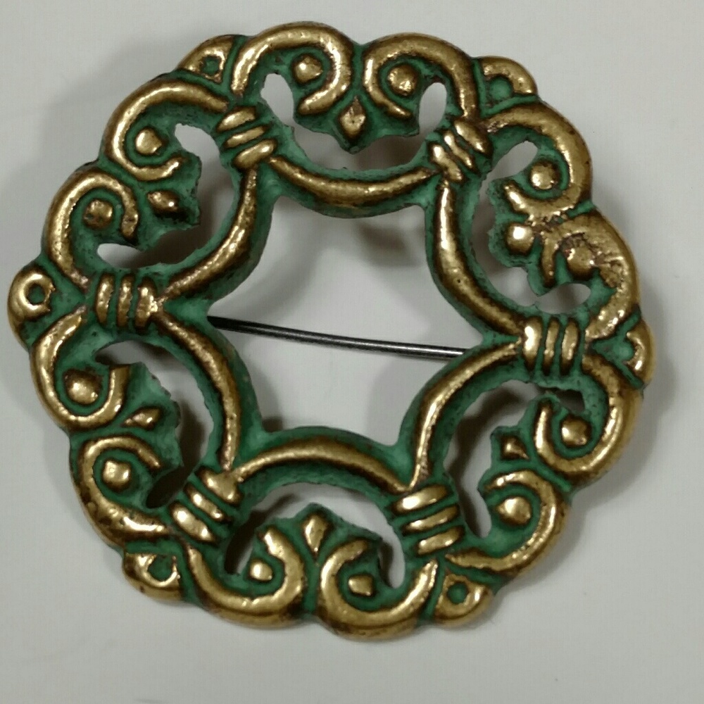 Signed antique bronze art nouveau brooch w c-clasp
