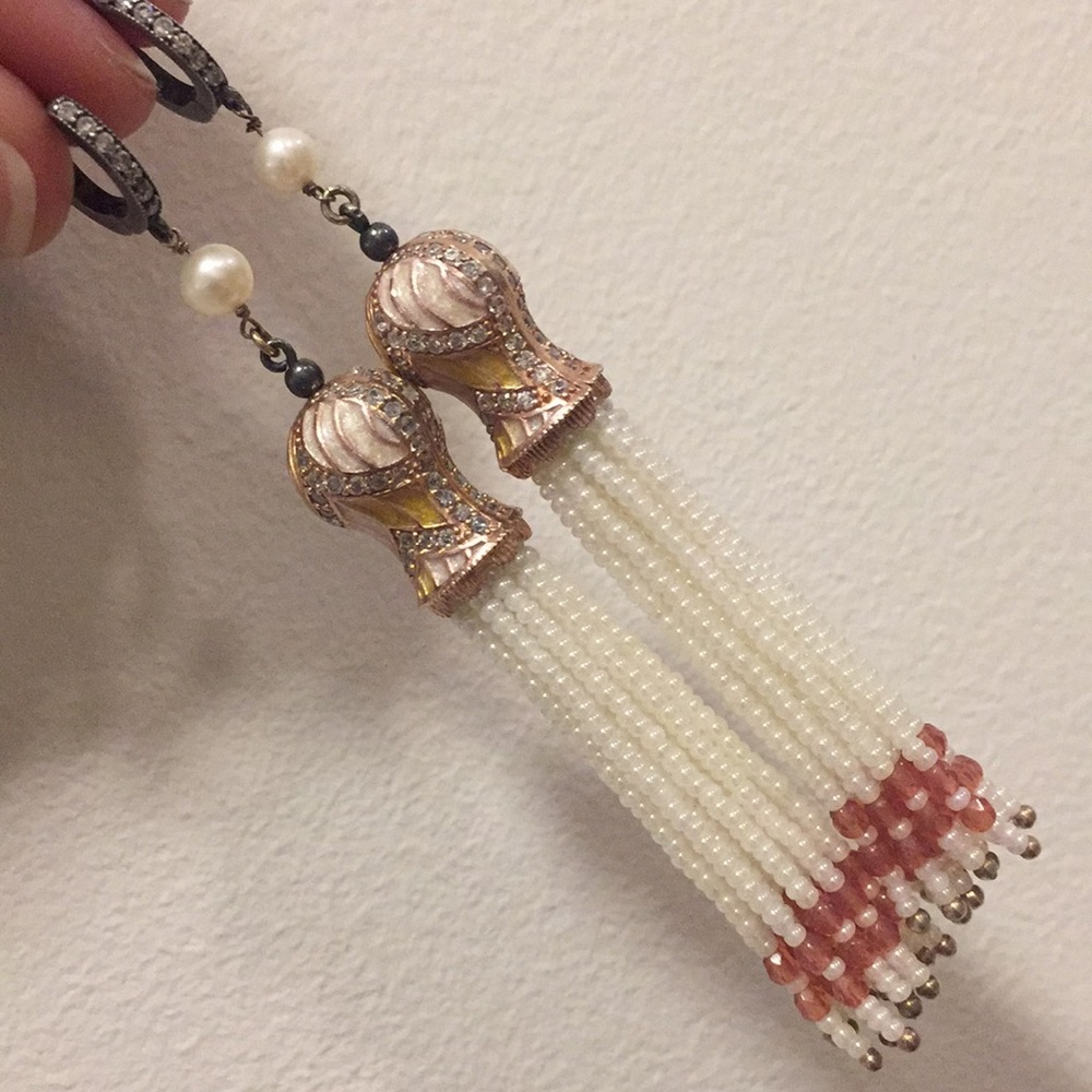 Pearl and enamel tassel earrings