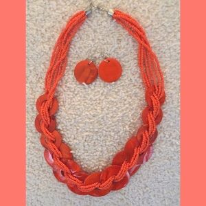 Handmade Orange Shell & Bead Necklace with Matching Earrings 2 Piece Set