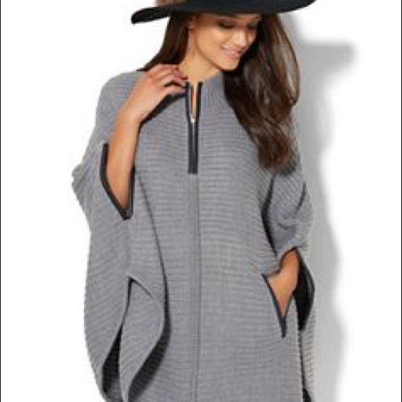 New York & Company Sweaters - NY & Company Gray Poncho with Faux Leather Trim