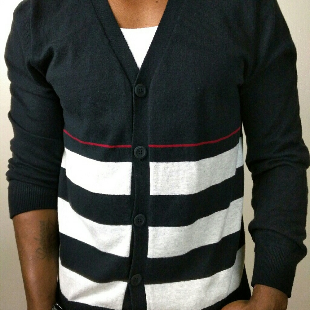 Navy and white striped men's cardigan