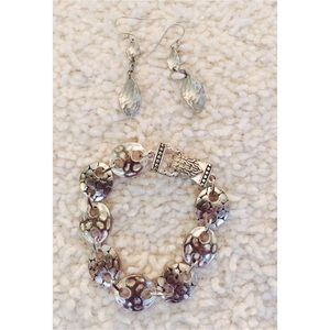 Silver Tone Link Bracelet with Matching Earrings Set