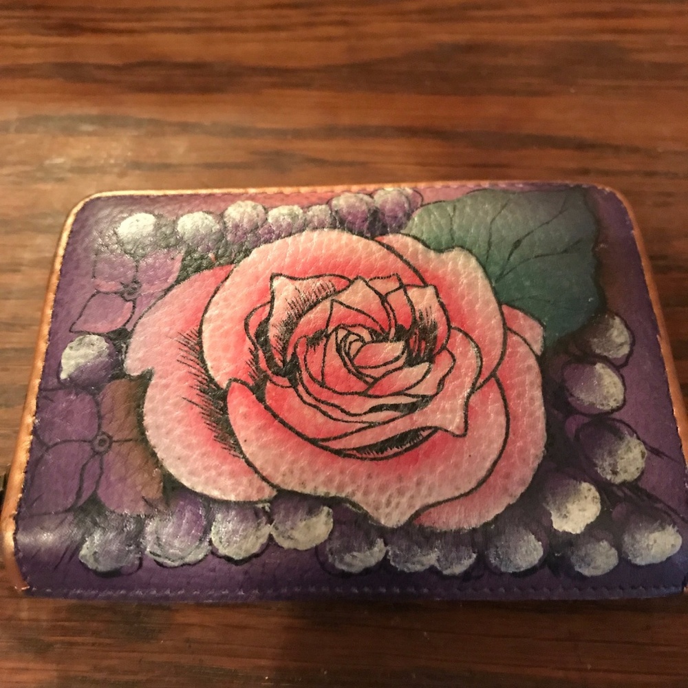 Anuschka Hand Painted Card Holder Rose Iris Purple