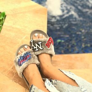 Grey Faux Fur Slides (comes with 2 free patches)