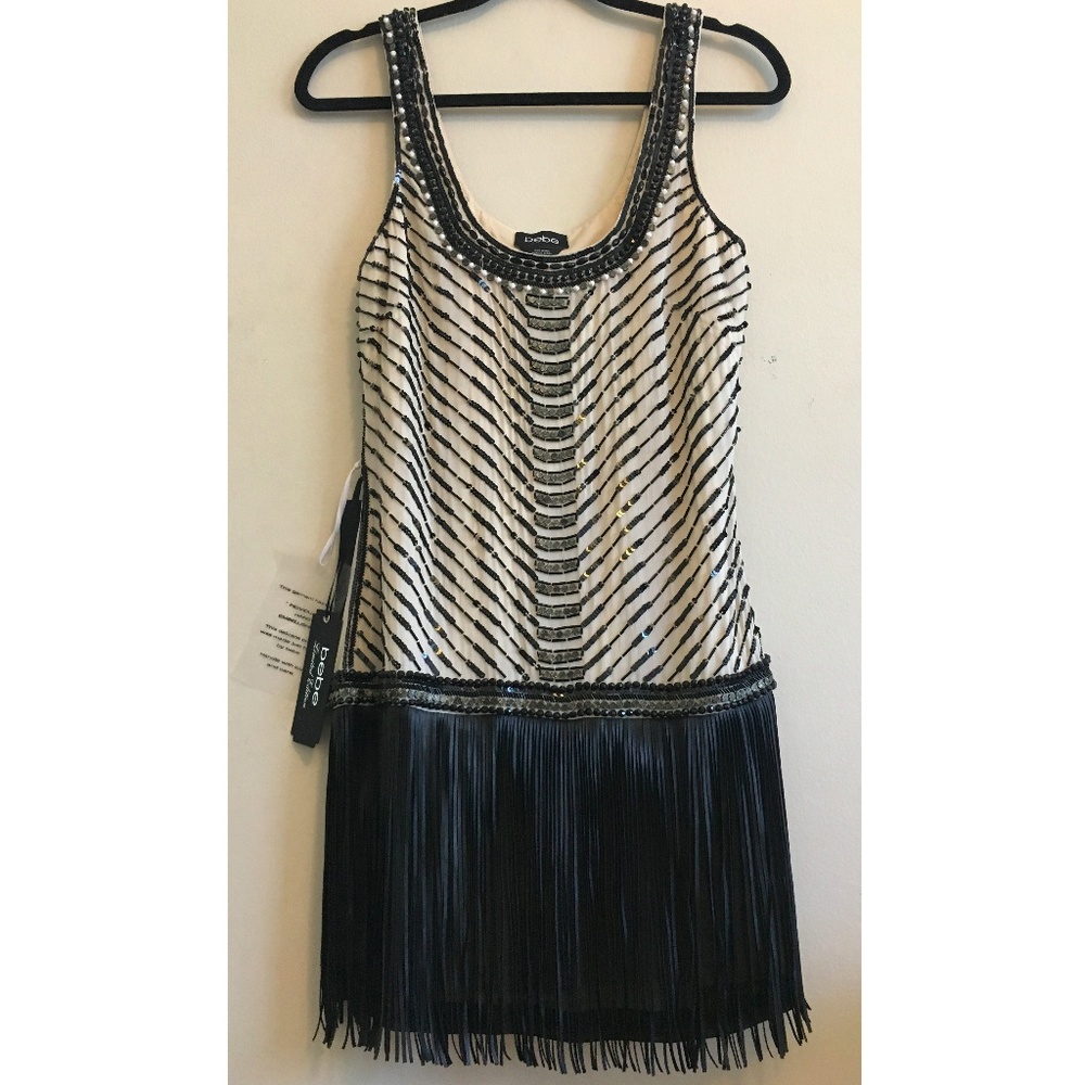NWT Bebe Gold Hand-Embellished Leather Fringe Dres