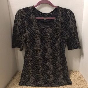 Lace and mesh black and gold top