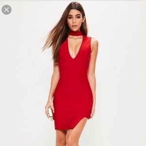 Missguided Asymmetrical Red Bandage Choker Dress