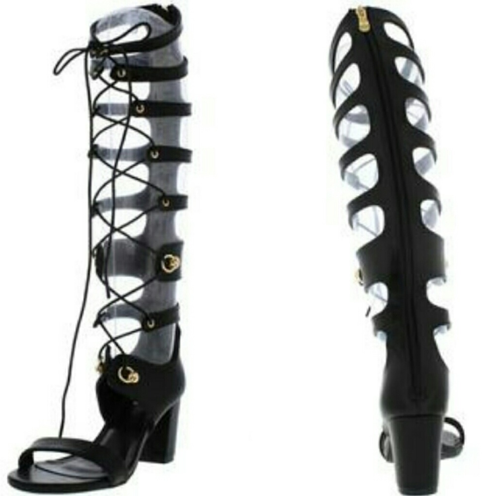 Lace Up Solid Black Tall Strappy Gladiator Sandals - Picture 2 of 2
