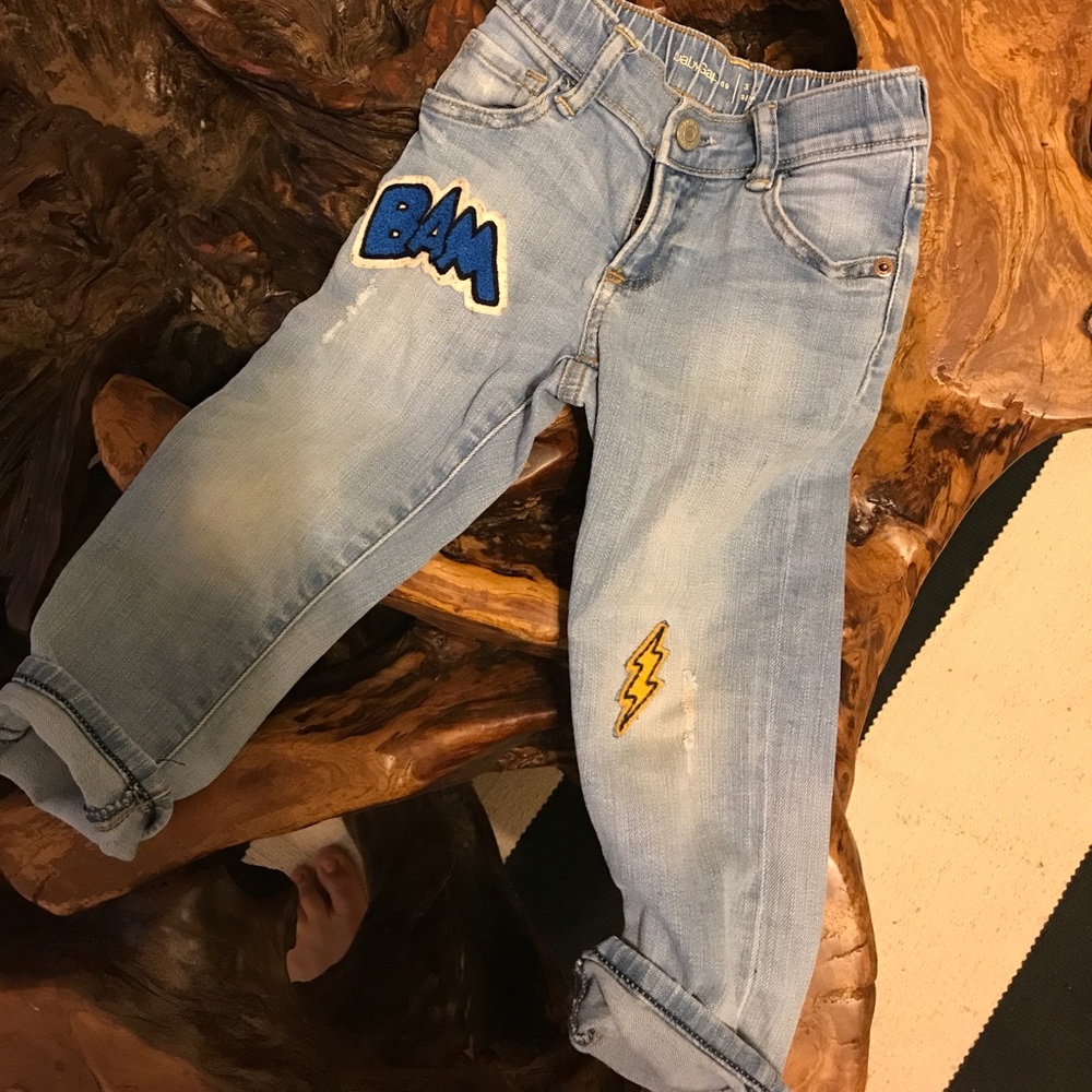 Patched and distressed jeans