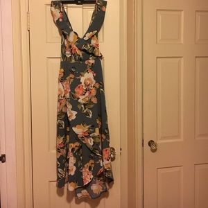 Gray floral high low wrap dress