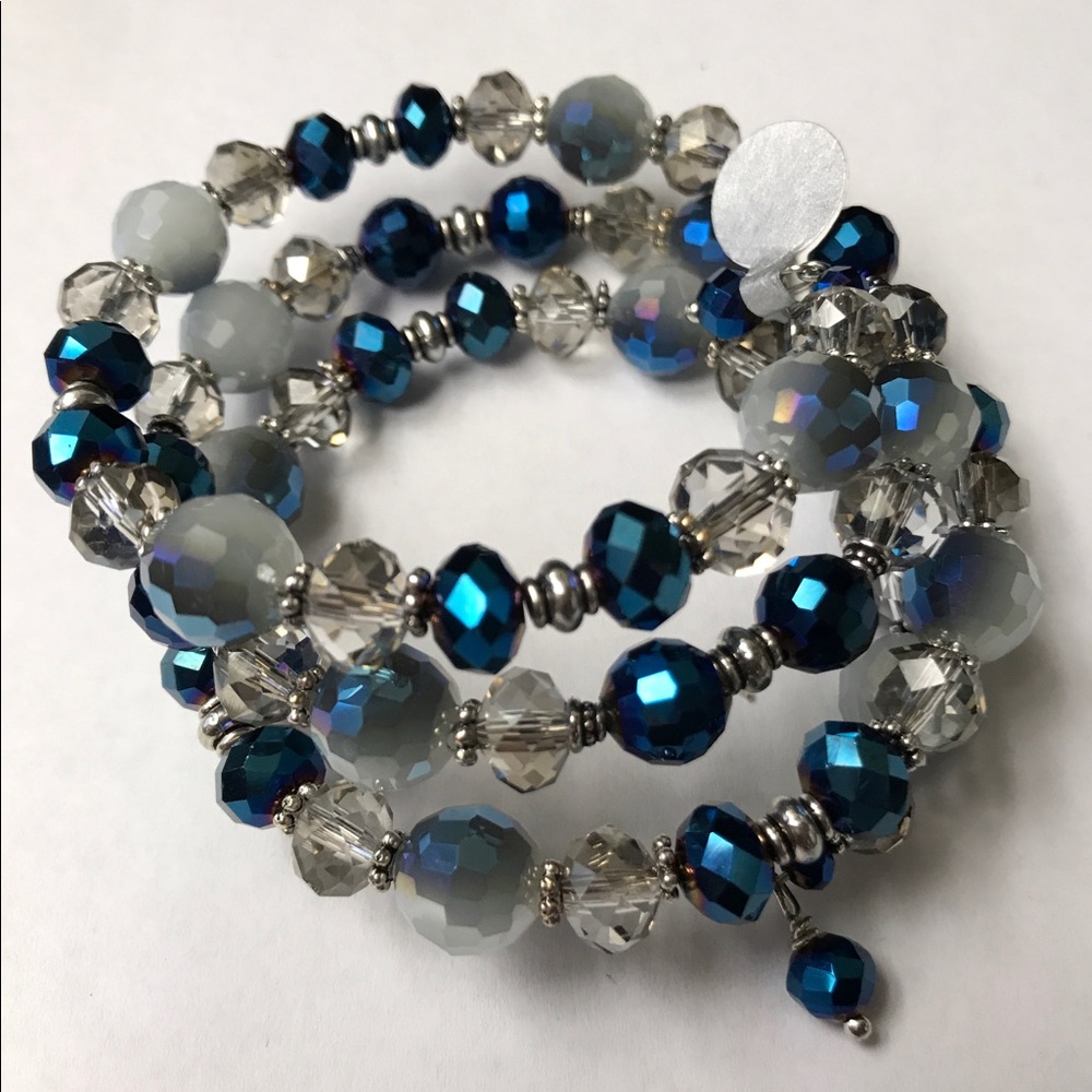 Handmade Blue Silver Crystal Memory Wire Bracelet