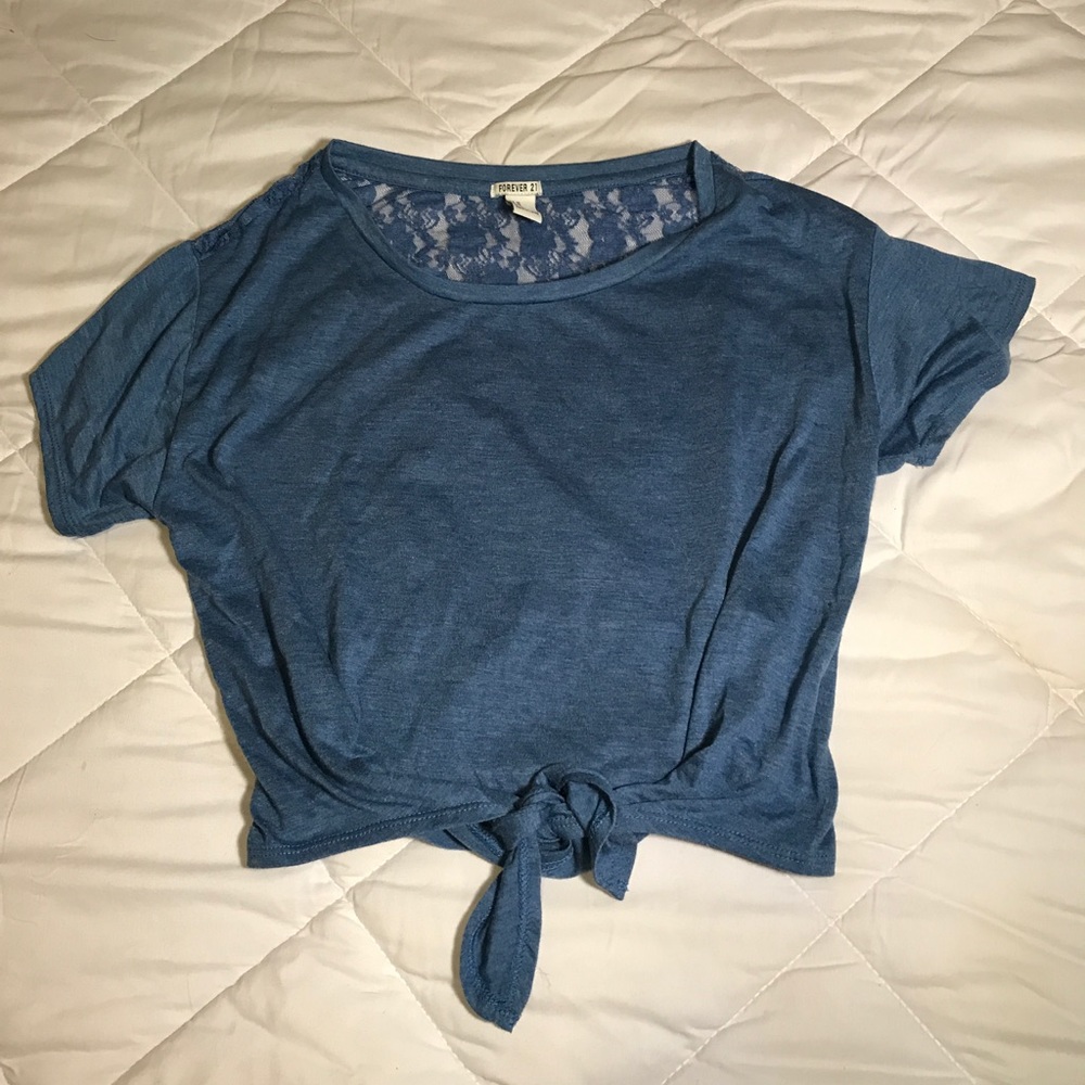 Blue Tie Front, Lace Back Crop Top