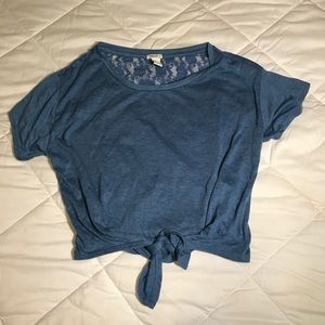 Blue Tie Front, Lace Back Crop Top