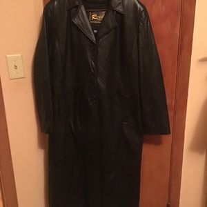 Long ankle length black leather dress coat.