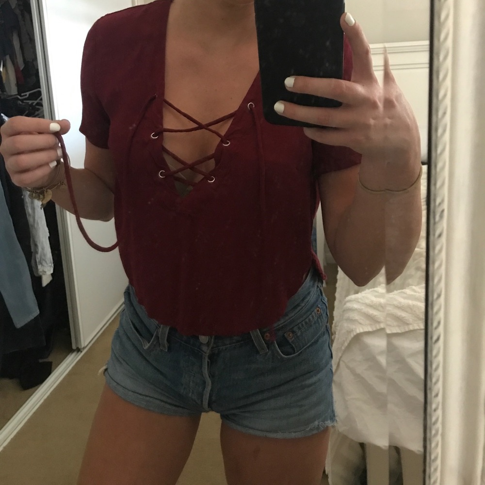 Wine Burgundy Lace Up Tee