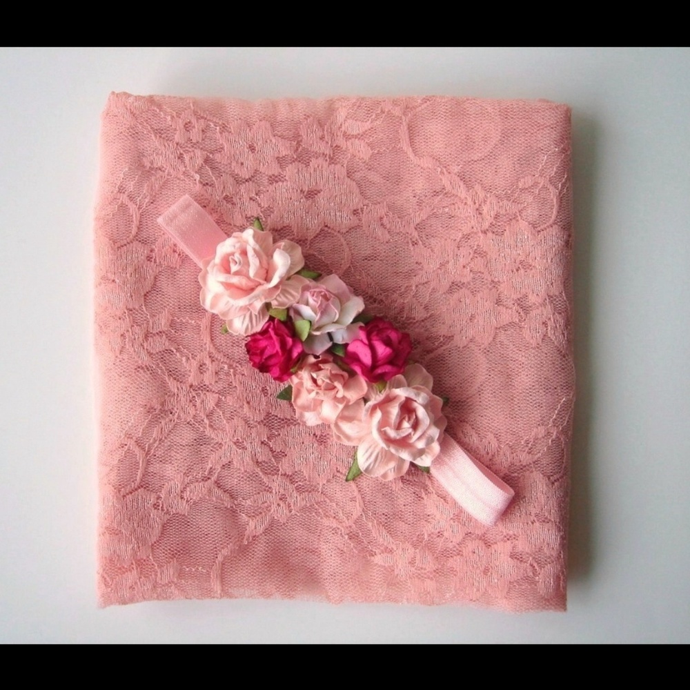 Pink Newborn Lace Wrap & Floral Headband