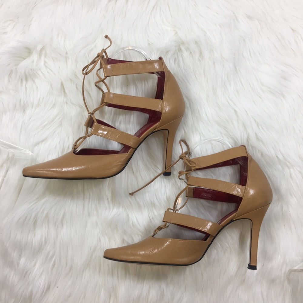 Nude Coup Detat Lace Up Pointy Toe Heels